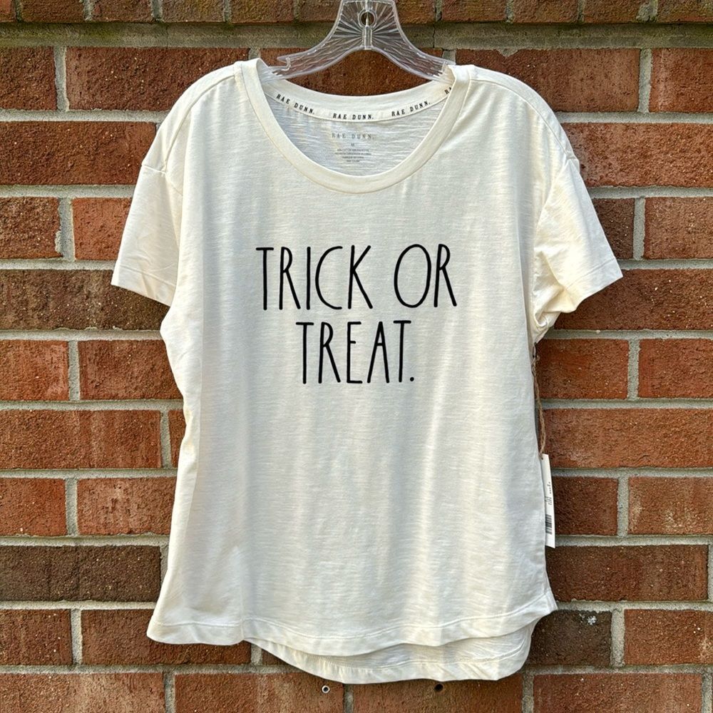 Rae Dunn Shirt sz Medium Short Sleeve NWT “Trick Or Treat” Off White